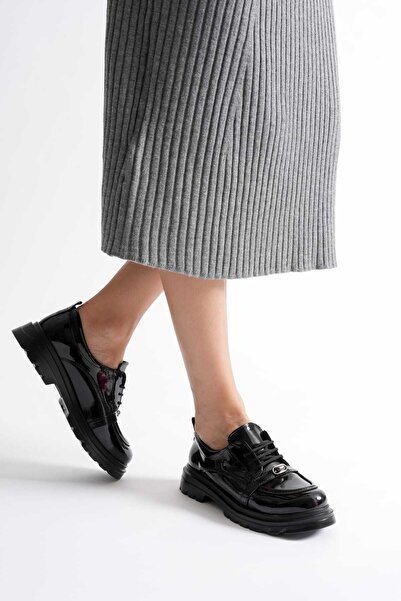 VİP SMR MODA Women's Loafer Thick Sole Lace-Up Accessory Casual Shoes Black