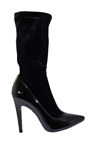 Vadodara Secret Women Shoes, Sock Style, Stiletto Heel, Patent Leather & Velvet Stretch, Black, Size