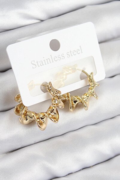 Inure Jewelry Brass Curved Ring Model Gold Color Women's Earrings Daily Use