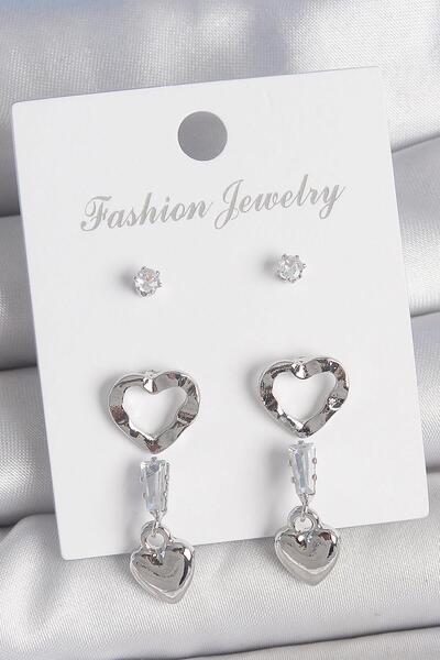 Inure Jewelry Brass Silver Color Zircon Stone Detailed Dangle Model 2 Pair Women's Earring Set Daily Use