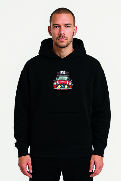 JDM Racıng Travel Black Hooded Sweatshirt with Red Car