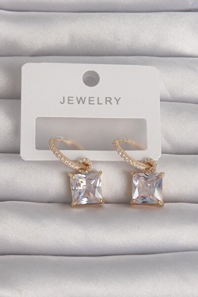 Inure Jewelry Brass Gold Color Square Zircon Stone Hoop Earrings Daily Wear