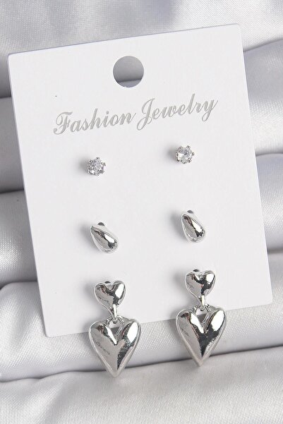 Inure Jewelry طقم أقراط نسائية من حجر الزركون والنحاس الفضي اللون موديل 3 أزواج