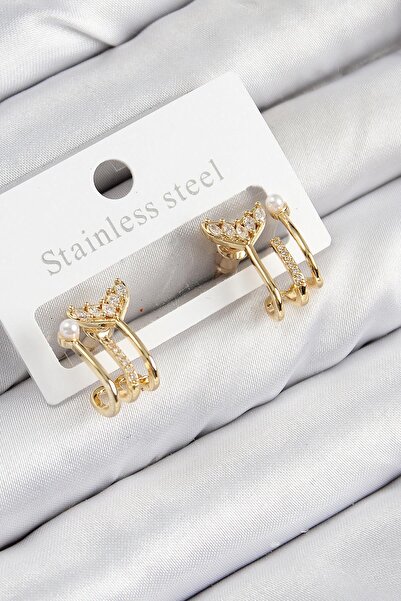 Inure Jewelry Brass Zircon Stone Pearl Detailed Fishtail Model Gold Color Women's Earrings Daily Use