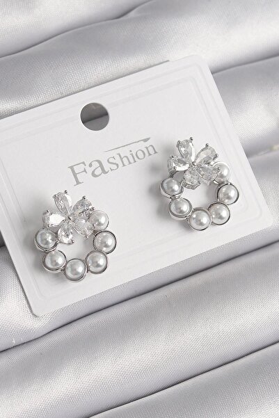 Inure Jewelry حلق نسائي من النحاس الفضي اللون مع تفاصيل زهرية من حجر الزركون ...