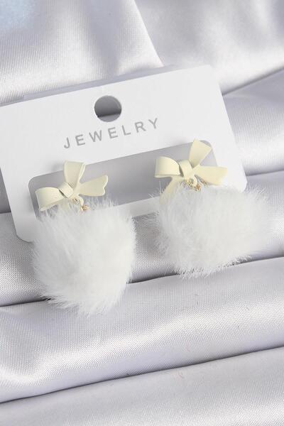 Inure Jewelry White Color Ribbon Feather Pompom Model Women's Earrings Daily Use
