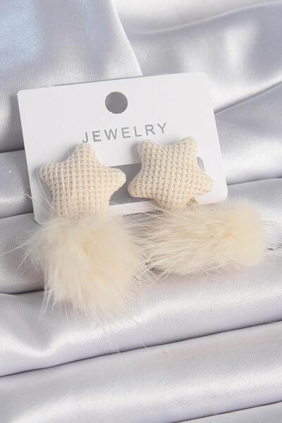 Inure Jewelry Cream Color Feather Pompom Model Women's Earrings Daily Use