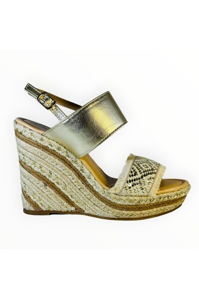 JustFab Women's Wedge Sole Sandals - Gold Synthetic Leather & Beige Textile - Size 38.5 EU