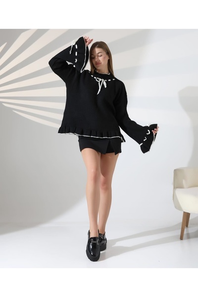 MILANOFOX Pulover din tricot casual din țesătură moale cu mâneci spaniole, cu detalii cu volane și dantelă