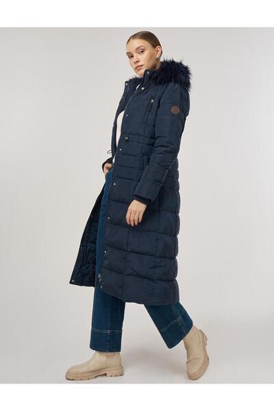 Kayra Waist Drawstring Goose down Filled Coat Navy Blue