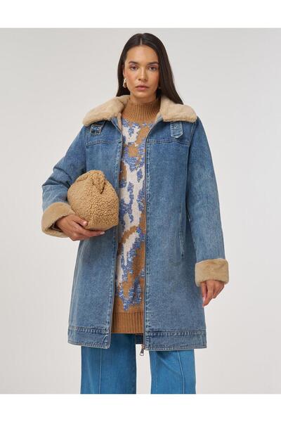 Kayra Fur Collar Denim Coat Blue