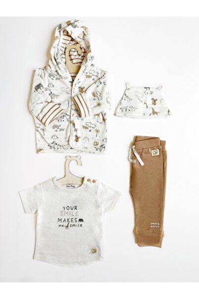 Sheer Hugs Boys Outfit Set Reversible Jacket, AOP Cap, White Half Sleeve T-Shirt, Nude Full Pant