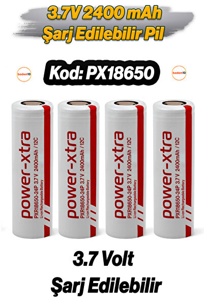 Badem10 4 Adet PX18650 Kırmızı Gri Şarjlı Batarya Pil 3.6V 2400mAh Li-Ion Uzu...