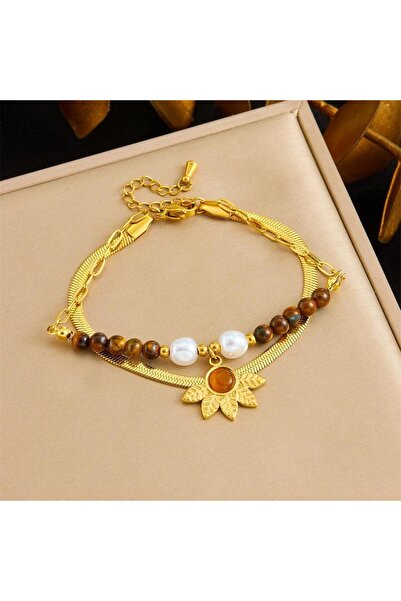 Pursehuit Brățară aurie, din oțel inoxidabil, cu mărgele și perle maro, Emeri...
