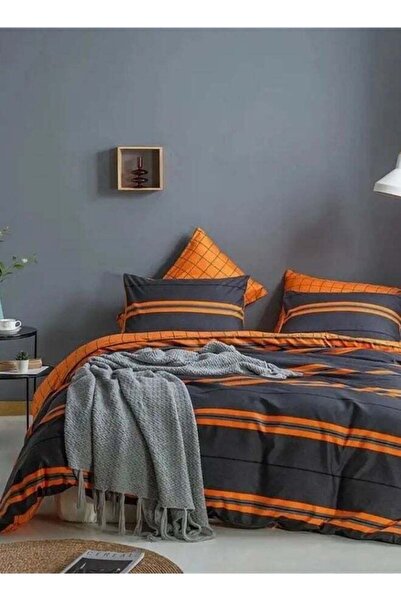 LUNA HOME Single Size 4-Piece Striped Duvet Cover Set in Grey and Orange