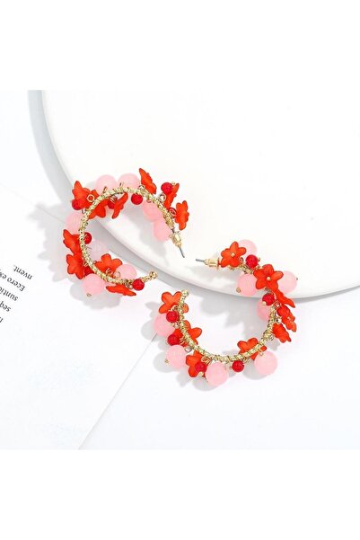 Pursehuit Gold-colored, semi-round earrings with red and pink beads, Cindi C1