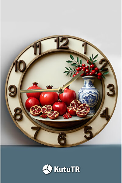 kutuTR UV Baskılı 3D Görünümlü Nar Desenli Ahşap Duvar Saati – 33x33 cm Sdw152