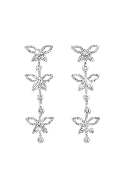 Pursehuit Cercei lungi culoare argintie, cu fluturi și pietre, Safina C1