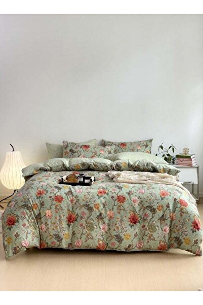 LUNA HOME Single Size 4 Pieces, Reversible Style Duvet Cover Set, Roses Design with Dark Khaki Color