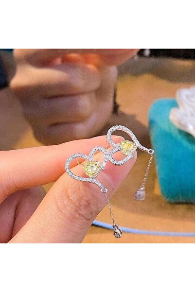 Pursehuit Cercei argintii, lungi, în formă de inimă, cu pietre de zirconiu, A...