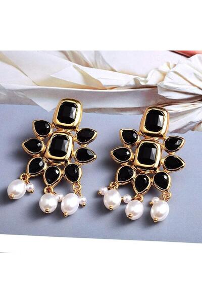 Pursehuit Cercei aurii, formă de floare, cu pietre negre și perle, Wolga C3