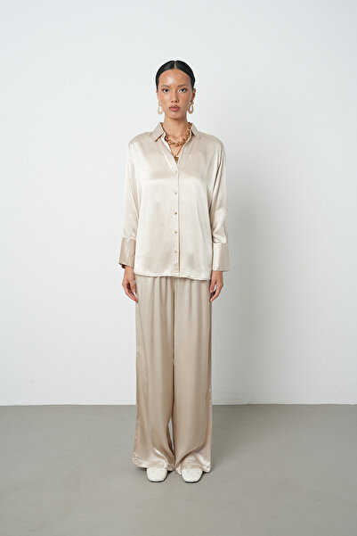 Orfeo Negro Women's V-Neck Light Beige Color Plain 100% Viscose Gold Buttoned Shirt