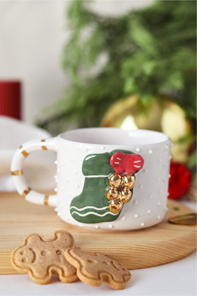 ada mia seramik Handmade Ceramic Mug with Christmas Boot Figure and 24K Gold Decoration, 200ml
