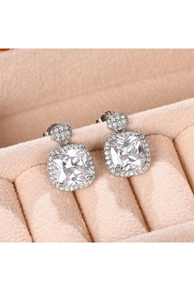 Pursehuit Σκουλαρίκια σε ασημί χρώμα, τετράγωνα, με πέτρες ζιργκόν, Cresta C16