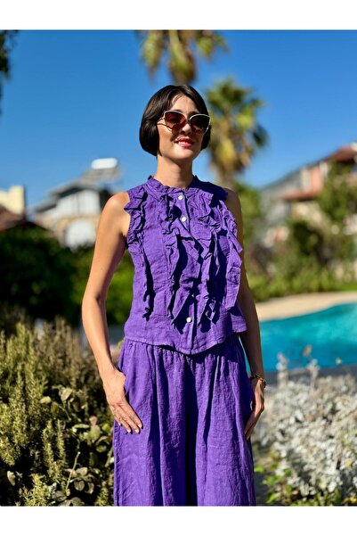 Punta Otantik Nc14092 Ruffled Sleeveless Italian Linen Suit Purple