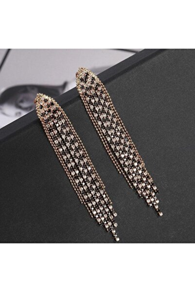 Pursehuit Μακριά χρυσά σκουλαρίκια με κλιπς και μαύρες πέτρες, Elai C2