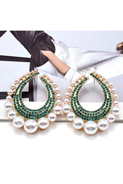 Pursehuit Χρυσά σκουλαρίκια, οβάλ, με πράσινες πέτρες και μαργαριτάρια, Gerne...