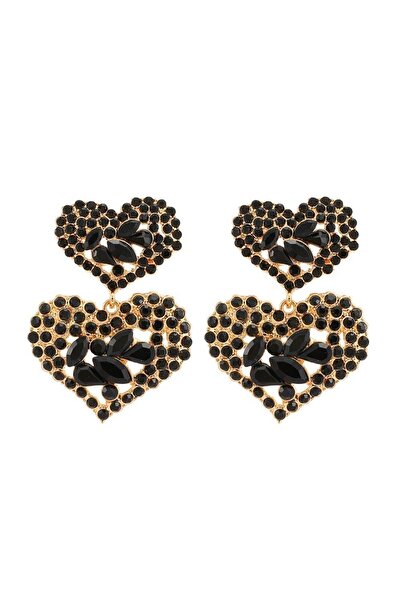 Pursehuit Χρυσά σκουλαρίκια, σε σχήμα καρδιάς, με μαύρες πέτρες, Nelson C1