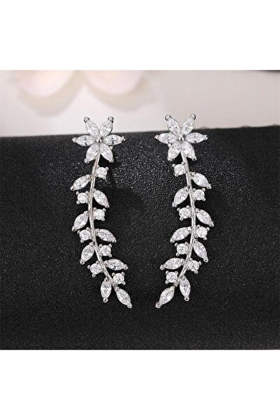 Pursehuit Μακριά ασημένια σκουλαρίκια με φύλλα και πέτρες ζιργκόν, Benno C15