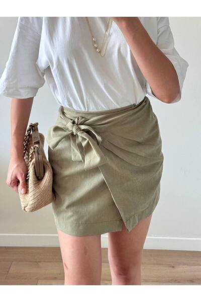 LOCH BUTİK Women's Green Suede Pleated Bow Tie Mini Skirt