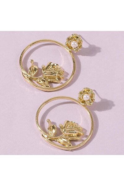 Pursehuit Στρογγυλά χρυσά σκουλαρίκια με τριαντάφυλλο και μαργαριτάρια, Byrre C1