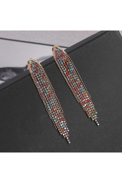 Pursehuit Μακριά χρυσά σκουλαρίκια με κλιπς και πολύχρωμες πέτρες, Elan C2
