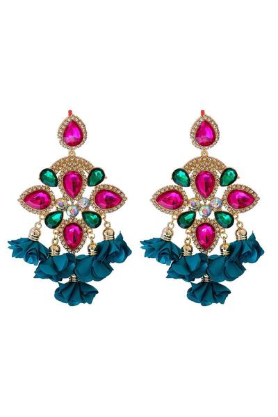 Pursehuit Χρυσά σκουλαρίκια, σε στυλ φλαμένκο, με ροζ πέτρες και τυρκουάζ λου...