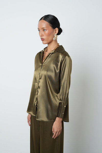 Orfeo Negro Women's V-Neck Khaki Color Plain Satin Gold Button Shirt