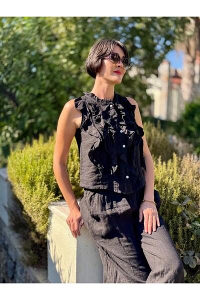 Punta Otantik Nc14092 Ruffled Sleeveless Italian Linen Suit Black