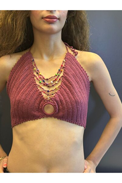 Gönülden Tasarım Hand Knitted Women's Bustier Crop with Beaded Necklace