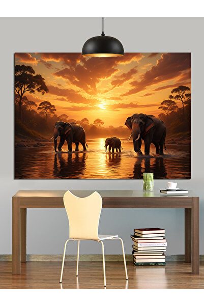 KanvasSepeti Pictură în ulei cu elefanți mergând în apusul soarelui, texturat...