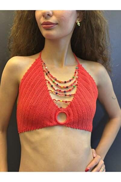 Gönülden Tasarım Hand Knitted Women's Bustier Crop with Beaded Necklace