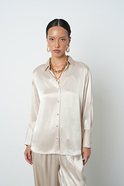 Orfeo Negro Women's V-Neck Light Beige Color Plain 100% Viscose Gold Buttoned Shirt