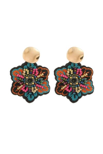 Pursehuit Gold-colored earrings, flower shape, with multicolored beads, Rosanne C1