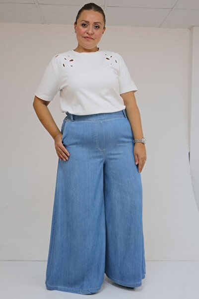 Eslina 59003 B.B. Elastic Waist Hidden Zipper Loose Pants - Blue