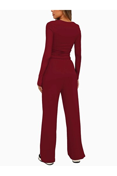 SOLOBUY Pyjamas Set Jersy Women's Long-Sleeved, Elastic Waist, Collar Round, Pants