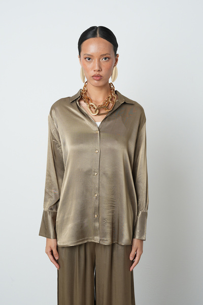 Orfeo Negro Women's V-Neck Light Khaki Color Plain 100% Viscose Gold Button Shirt
