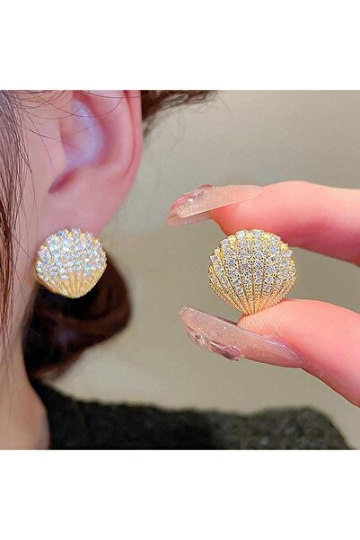 Pursehuit Gold coloured earrings, shell shape, with zirconium stones, Nathasja C3