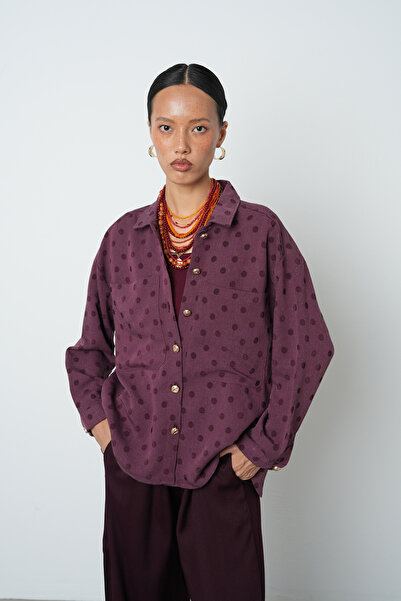 Orfeo Negro Women's Burgundy Color Double Pocket Polka Dot Patterned Shirt - Jacket