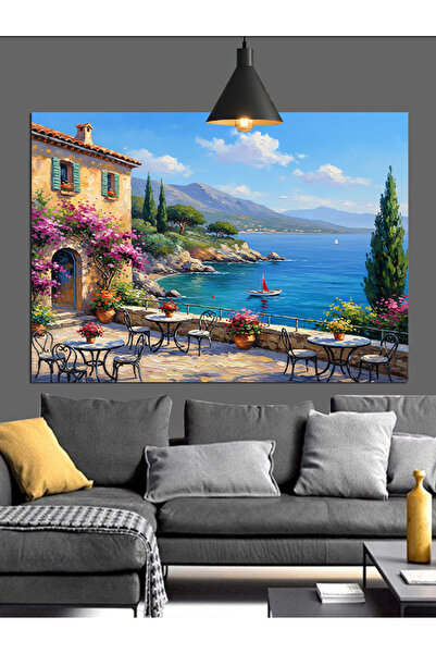 Artmeg Deniz Manzaralı Taş Ev Dekoratif Kanvas - Mdf Ahşap Tablo